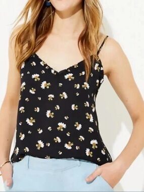 LOFT Floral Ruffle Cami Top Black Daisy Print - Size XS